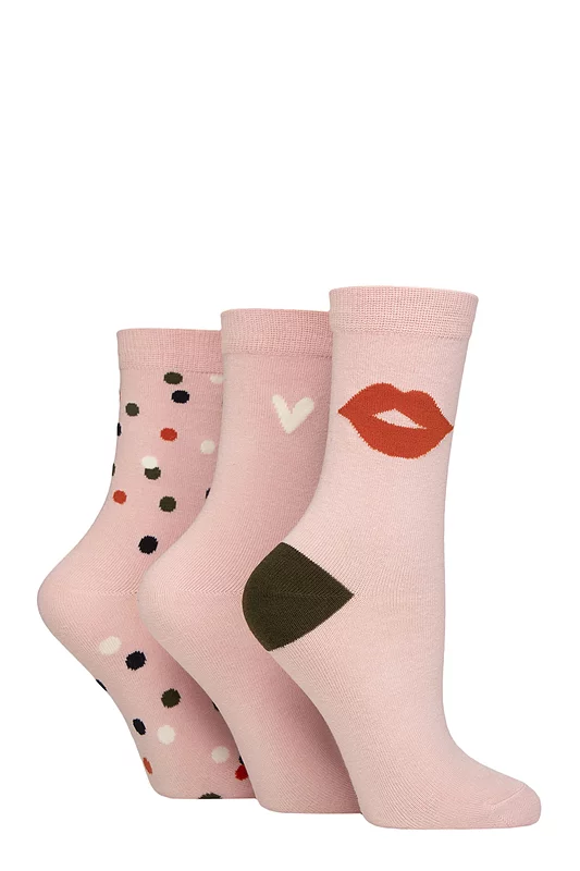 Women's 3 Pair Caroline Gardner Patterned Cotton Socks Lips / Heart / Spot 4-8