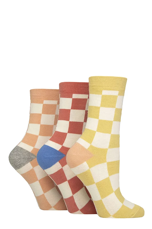 Women's 3 Pair Caroline Gardner Patterned Cotton Socks Checkers 4-8