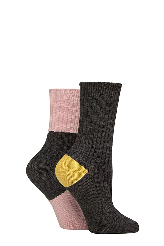 Women's 2 Pair Caroline Gardner Bamboo Ribbed Light Weight Boot Socks Charcoal Pink / Lime 4-8 Women's