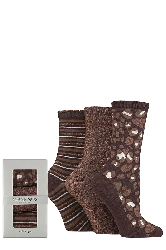 Women's 3 Pair Charnos Sparkle, Stripe and Leopard Print Gift Boxed Socks