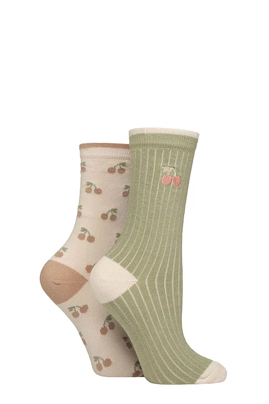 Women's 2 Pair Charnos Cherry Patterned Socks Natural One Size