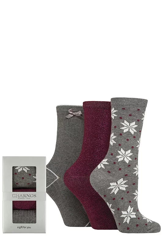 Women's 3 Pair Charnos Sparkle, Snowflake and Ribbed Gift Boxed Socks