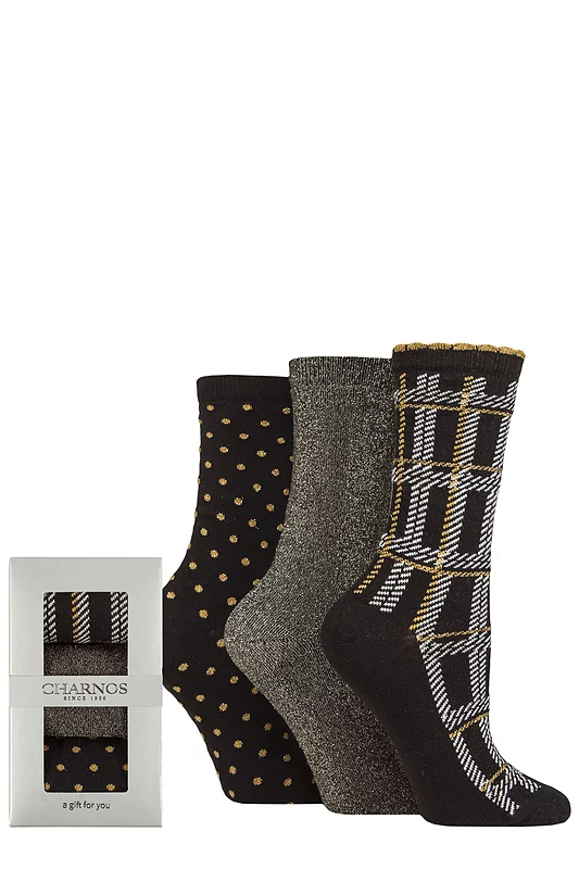Women's 3 Pair Charnos Sparkle, Tartan and Spot Gift Boxed Socks