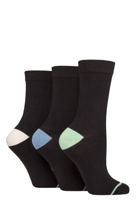 Women's 3 Pair Glenmuir Contrast Heel and Toe Bamboo Socks Black Green / Blue / Pink 4-8