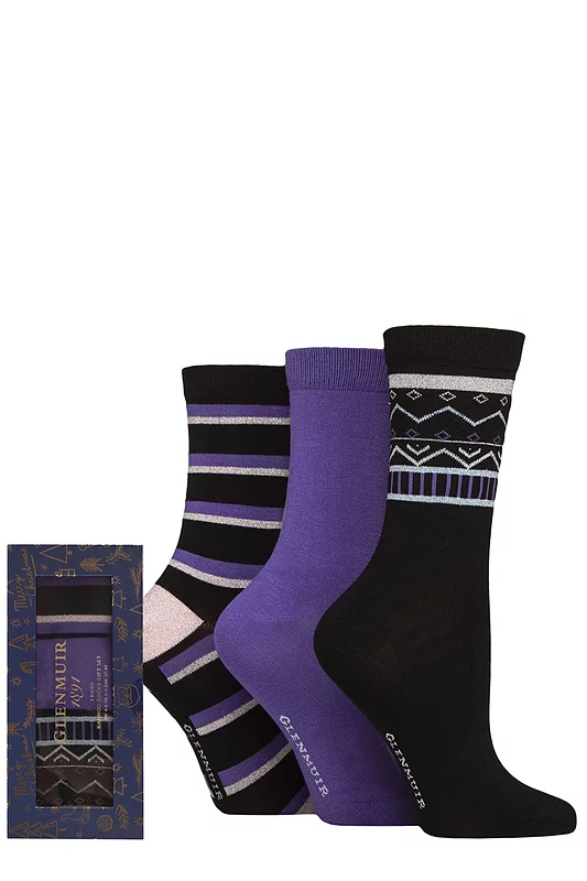 Women's 3 Pair Glenmuir Bamboo Patterned Socks in Christmas Gift Box Black / Purple 4-8 Women's