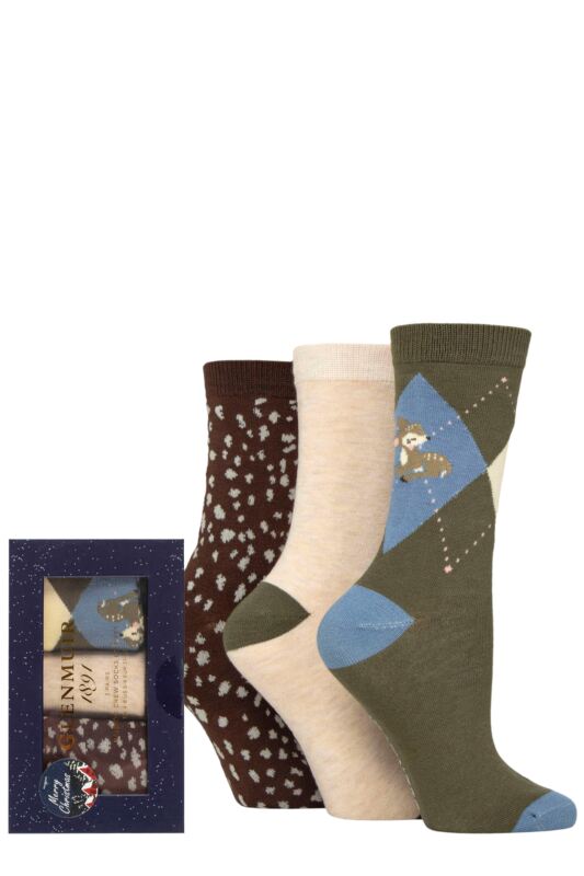 Women's 3 Pair Glenmuir Bamboo Christmas Patterned Socks in Festive Gift Box