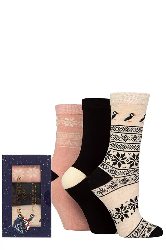 Women's 3 Pair Glenmuir Bamboo Christmas Patterned Socks in Festive Gift Box