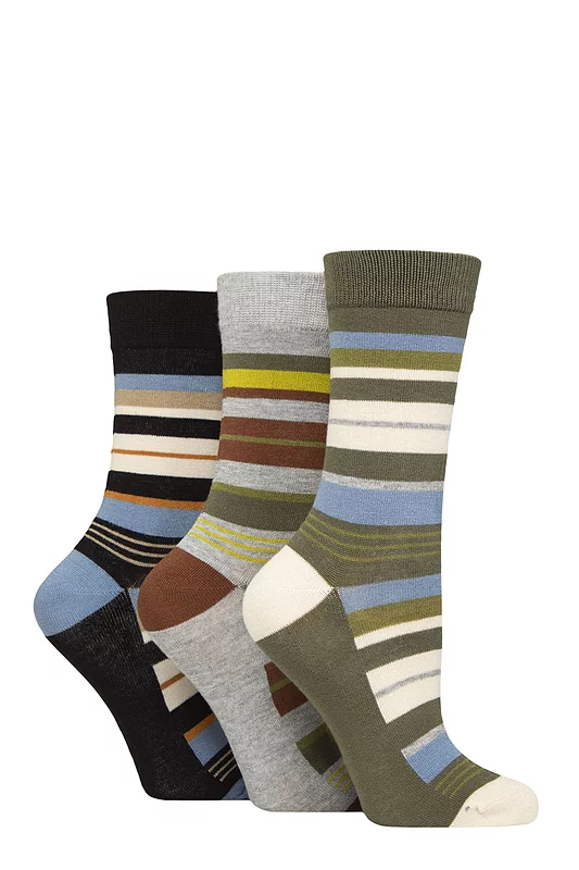 Women's 3 Pair Glenmuir Patterned Bamboo Socks Earthy Stripe 4-8