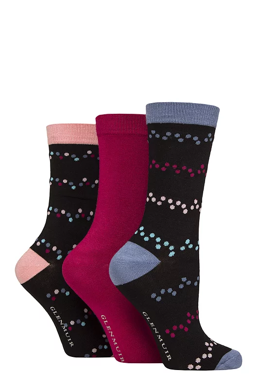 Women's 3 Pair Glenmuir Patterned Bamboo Socks Spots / Plain Black 4-8