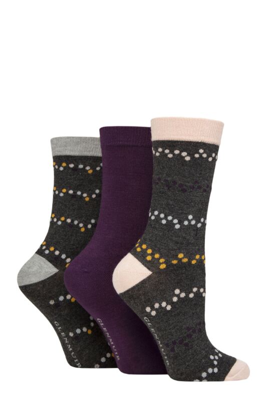 Women's 3 Pair Glenmuir Patterned Bamboo Socks Spots / Plain Charcoal 4-8