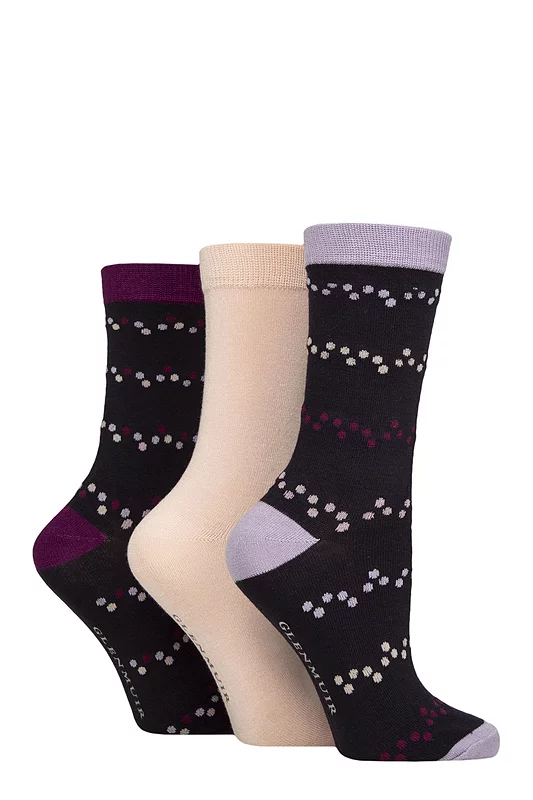 Women's 3 Pair Glenmuir Patterned Bamboo Socks Spots / Plain Navy 4-8