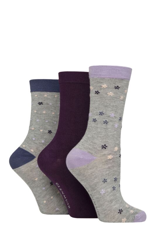 Women's 3 Pair Glenmuir Patterned Bamboo Socks Flower Trail Grey 4-8