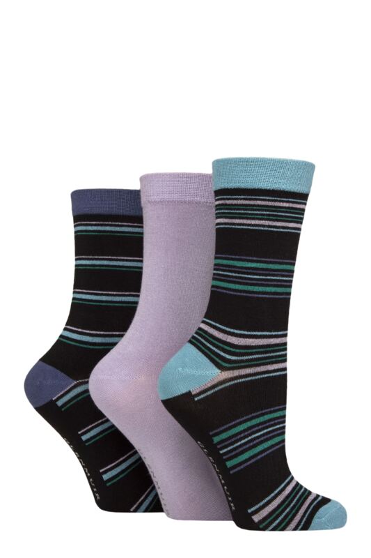 Women's 3 Pair Glenmuir Patterned Bamboo Socks Stripes Black 4-8