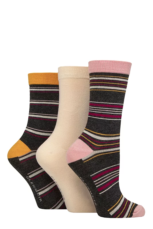 Women's 3 Pair Glenmuir Patterned Bamboo Socks Stripes Charcoal 4-8