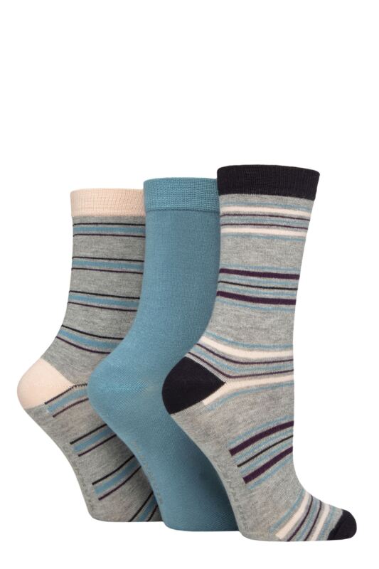 Women's 3 Pair Glenmuir Patterned Bamboo Socks Stripes Light Grey 4-8