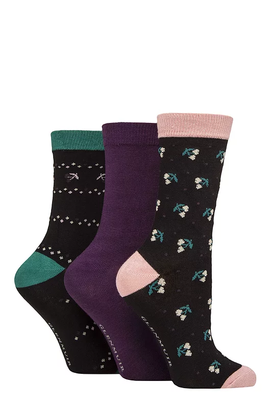 Women's 3 Pair Glenmuir Patterned Bamboo Socks Blossom Black 4-8