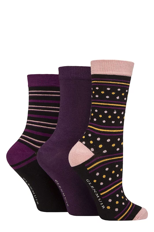 Women's 3 Pair Glenmuir Patterned Bamboo Socks Spot / Stripe Black 4-8