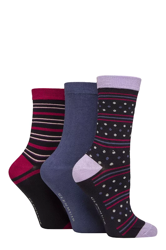 Women's 3 Pair Glenmuir Patterned Bamboo Socks Spot / Stripe Navy 4-8