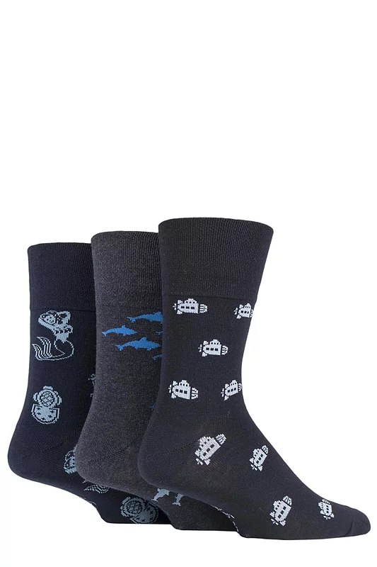 Mens 3 Pair Gentle Grip Fun Feet Socks