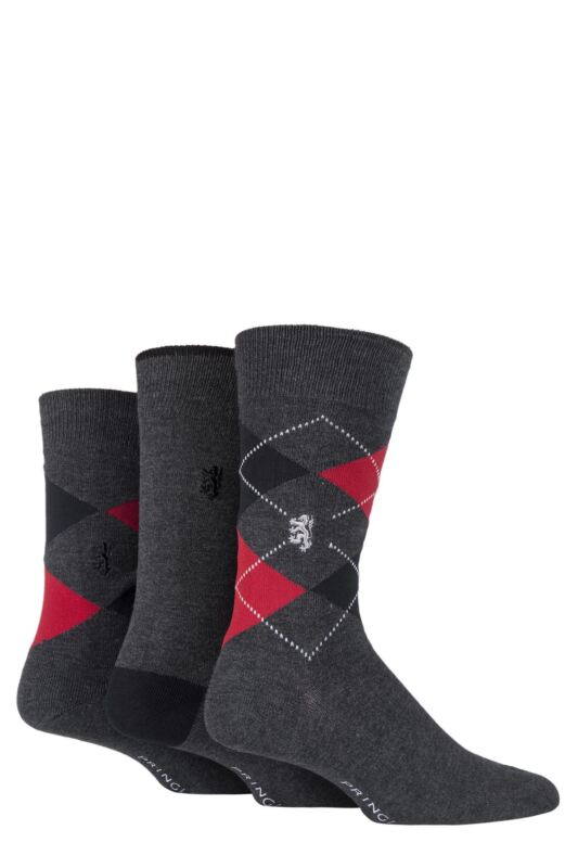 Mens 3 Pair Pringle Black Label Bamboo Patterned, Argyle and Striped Socks Charcoal 7-11 Mens