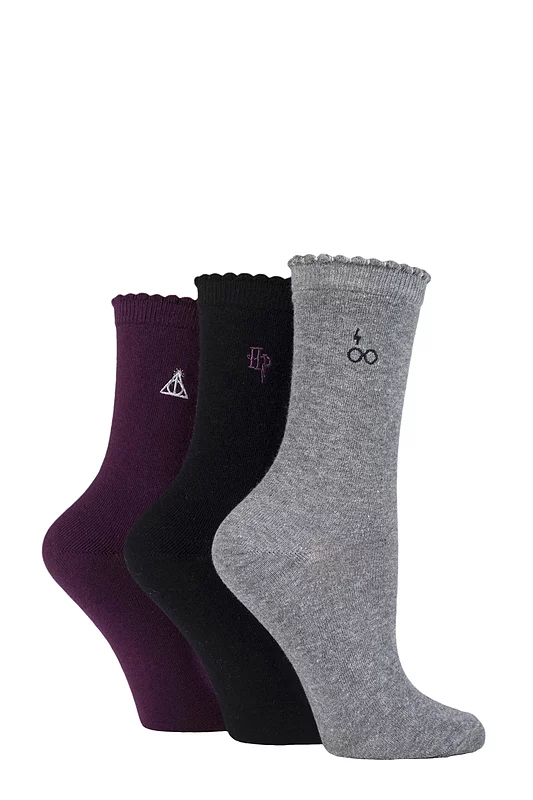Women's 3 Pair Harry Potter Embroidered Detail Cotton Socks