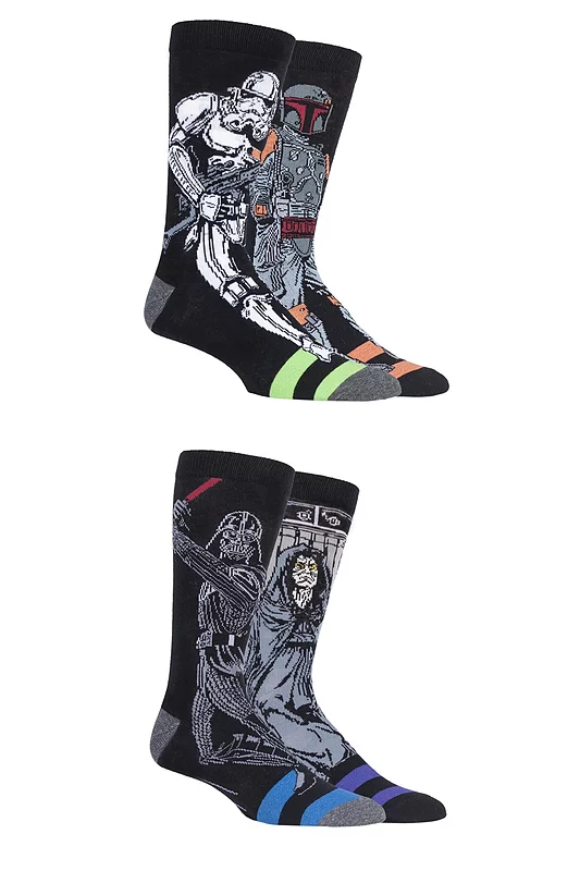 Mens 4 Pair SOCKSHOP Disney Star Wars Villains Darth Vader, Boba Fett, Emperor and Stormtrooper Socks