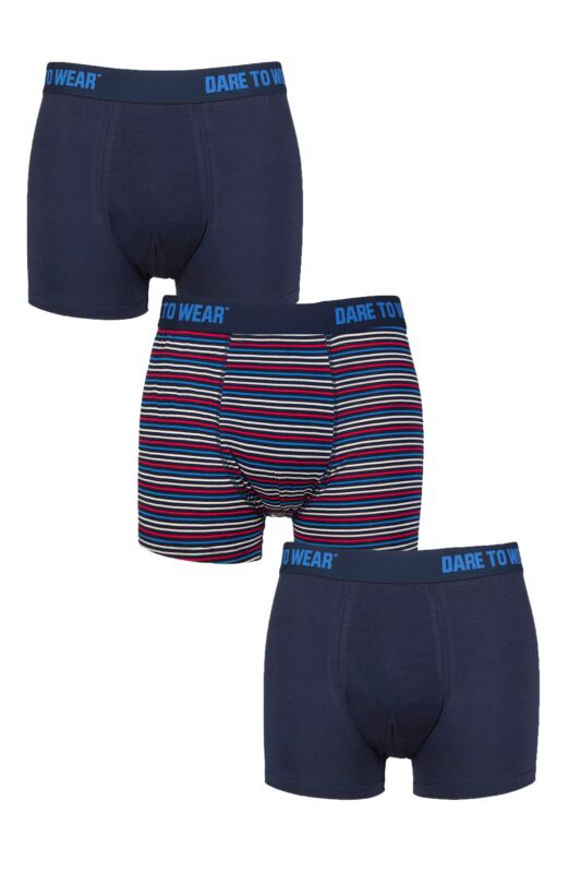 Mens 3 Pack SOCKSHOP Dare to Wear Plain and Striped Bamboo Trunks Stripe Dark Navy S
