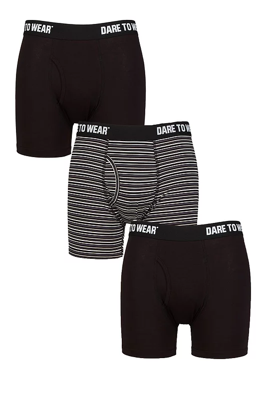 Mens 3 Pack SOCKSHOP Dare to Wear Plain and Striped Bamboo Keyhole Boxers Stripe Black / Charcoal L