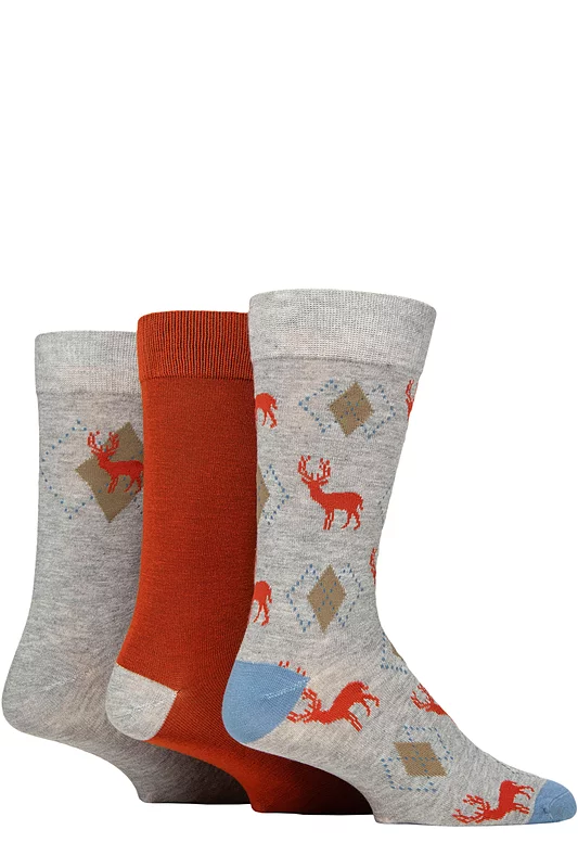 Mens 3 Pair Glenmuir Gift Tagged Patterned Bamboo Socks Stag 7-11