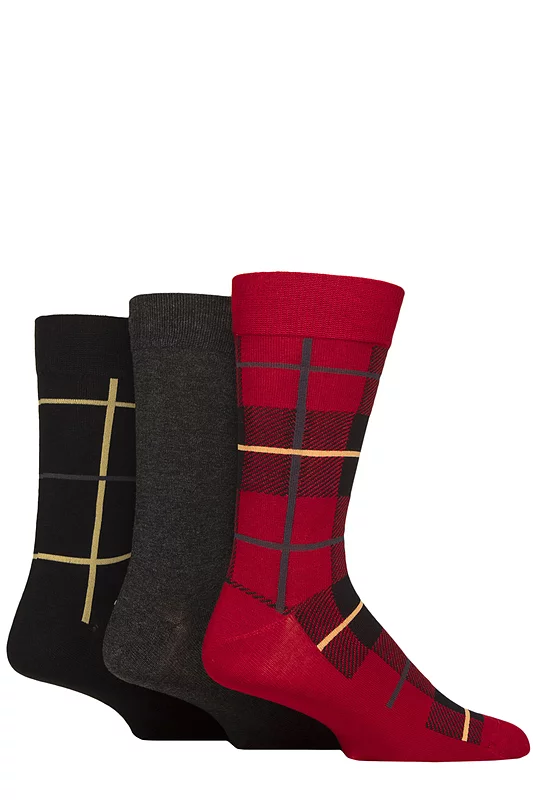 Mens 3 Pair Glenmuir Gift Tagged Patterned Bamboo Socks Red Checker 7-11 Mens