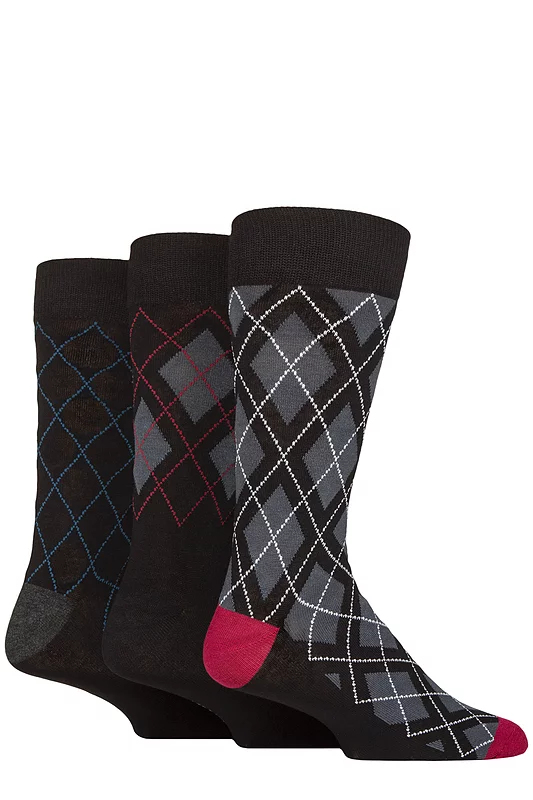Mens 3 Pair Glenmuir Gift Tagged Patterned Bamboo Socks Black / Blue Argyle 7-11