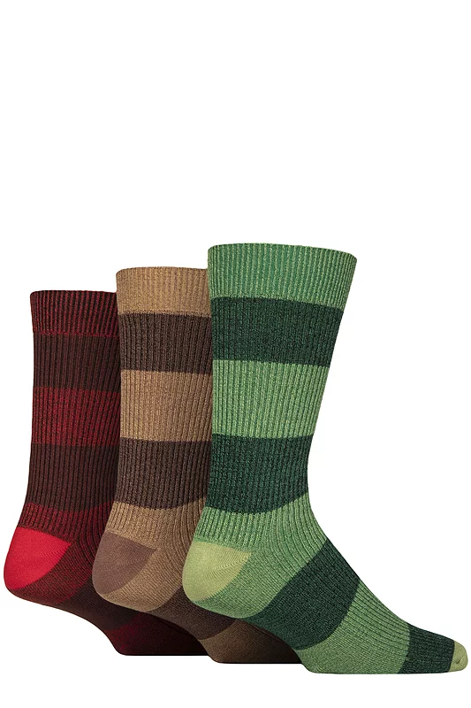 Mens 3 Pair Glenmuir Bamboo Leisure Socks Block Stripes Green / Red / Brown 7-11 Mens