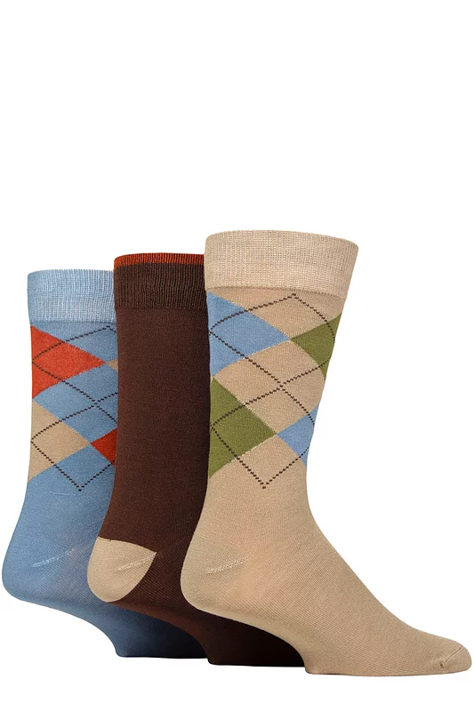 Mens 3 Pair Glenmuir Classic Bamboo Argyle Socks Beige / Cocoa / Brown 7-11
