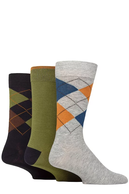 Mens 3 Pair Glenmuir Classic Bamboo Argyle Socks Grey / Green / Denim 7-11