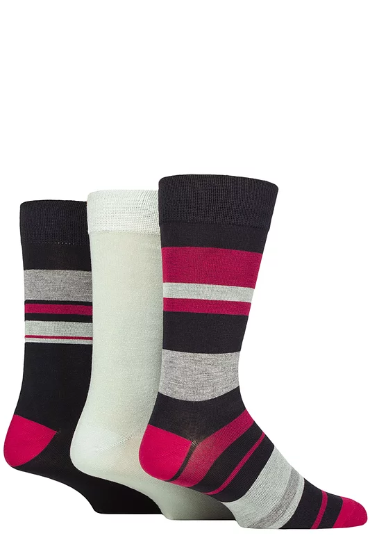 Mens 3 Pair Glenmuir Patterned Bamboo Socks Block Stripes Navy 7-11