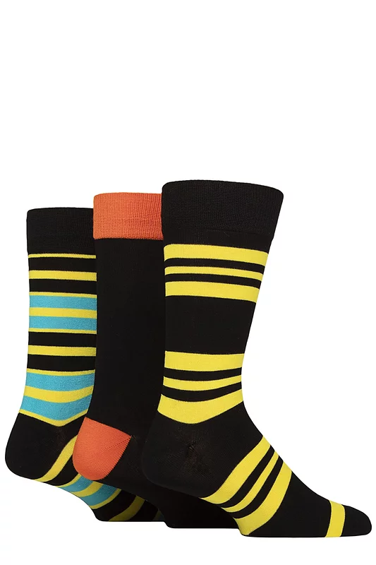 Mens 3 Pair Glenmuir Patterned Bamboo Socks Black / Yellow / Blue 7-11