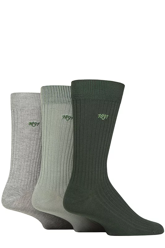 Mens 3 Pair Glenmuir Laird Bamboo Ribbed Plain Socks Green Mix 7-11