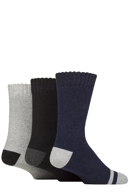 Mens 3 Pair Glenmuir Thermal Cushioned Boot Socks Navy / Black / Light Grey 7-11