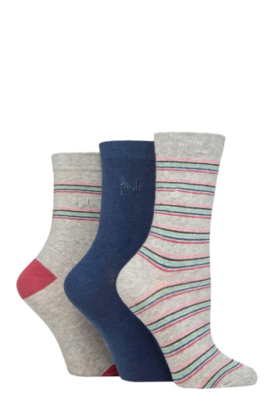 Women's 3 Pair Pringle Patterned Cotton and Recycled Polyester Socks Multi Colour Stripes Light Grey 4-8 Ladies