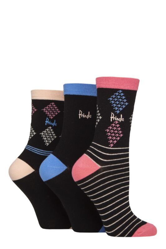 Women's 3 Pair Pringle Patterned Cotton and Recycled Polyester Socks Black Diamond / Stripe 4-8 Women's