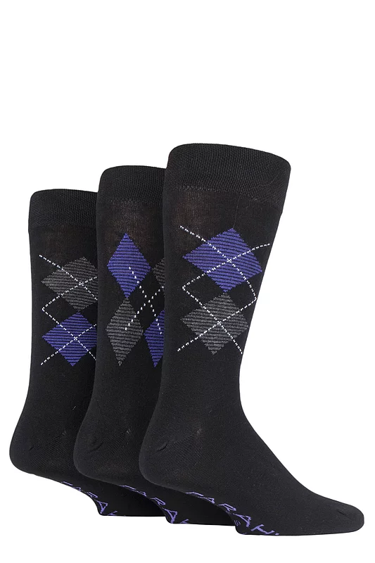 Mens 3 Pair Farah Classic Plain Bamboo and Patterned Socks Black / Purple Argyle 6-11 Mens