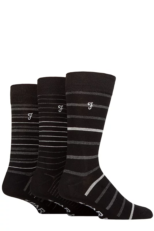 Mens 3 Pair Farah Luxury Bamboo Stripe Plain and Argyle Socks Black / Charcoal 6-11 Mens