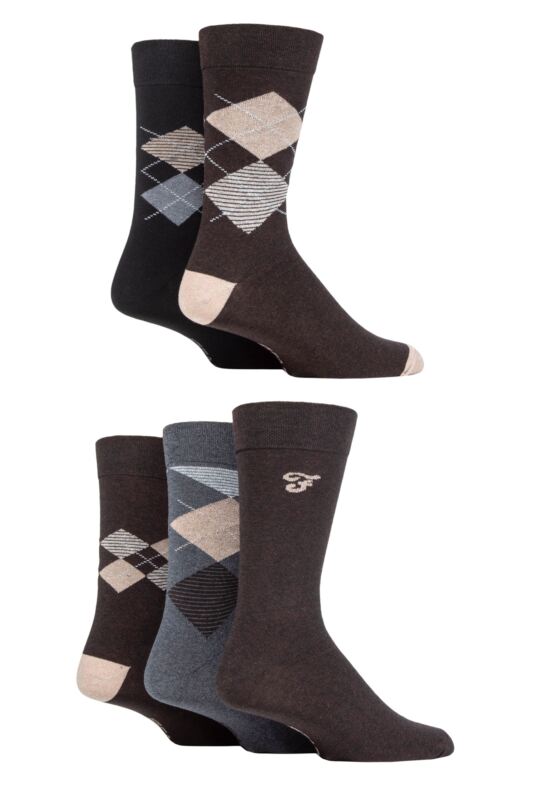 Mens 5 Pair Farah Patterned Striped and Argyle Cotton Socks Argyle Brown 6-11 Mens