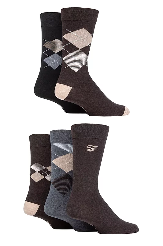 Mens 5 Pair Farah Patterned Striped and Argyle Cotton Socks