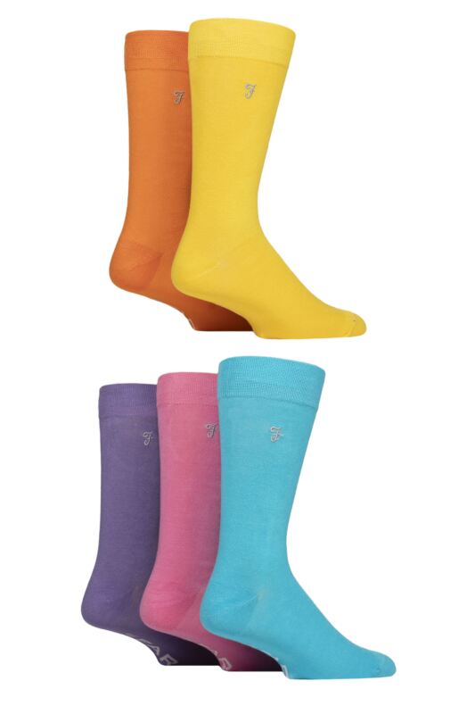 Mens 5 Pair Farah Plain, Striped and Patterned Everyday Bamboo Socks