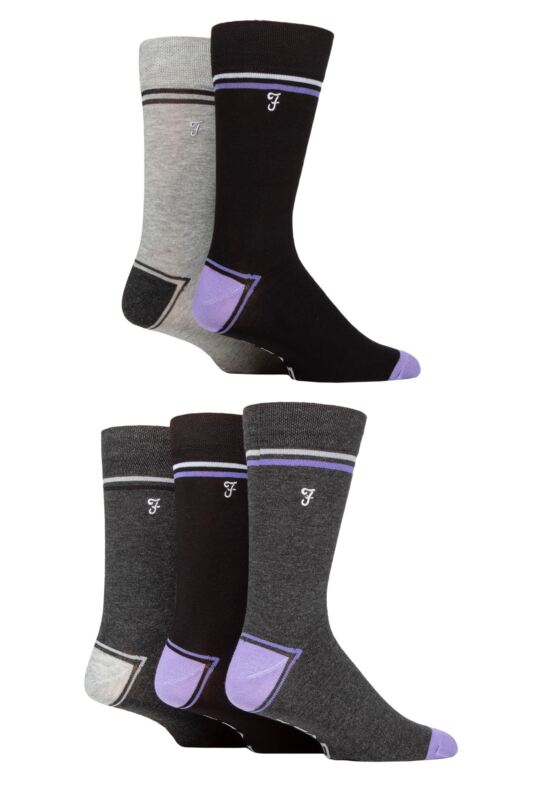 Mens 5 Pair Farah Plain, Striped and Patterned Everyday Bamboo Socks