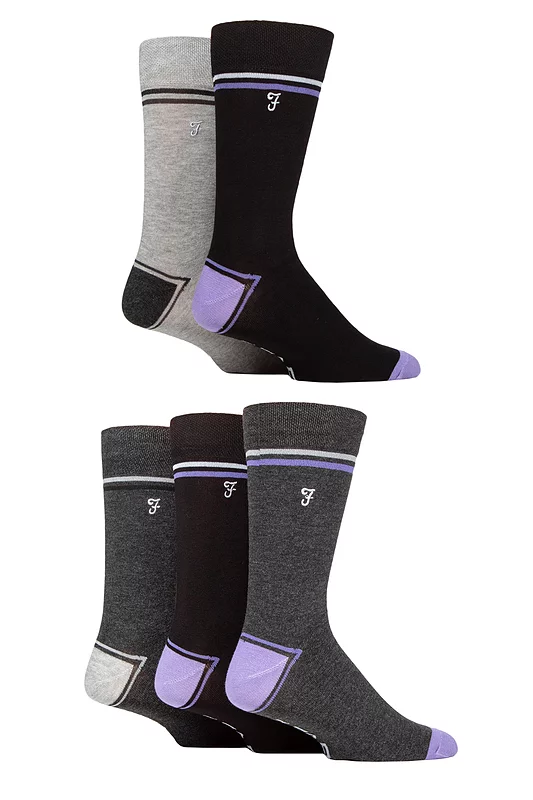 Mens 5 Pair Farah Plain, Striped and Patterned Everyday Bamboo Socks