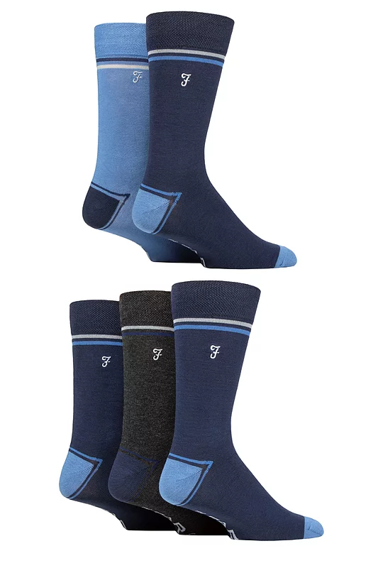 Mens 5 Pair Farah Plain, Striped and Patterned Everyday Bamboo Socks