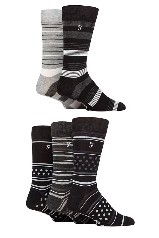 Mens 5 Pair Farah Plain, Striped and Patterned Everyday Bamboo Socks