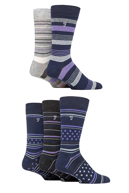 Mens 5 Pair Farah Plain, Striped and Patterned Everyday Bamboo Socks
